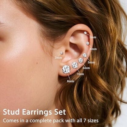 text  7-pairs-20g-flat-back-earrings-set-for-women-men-hypoallergenic-silver-14k-gold-stainless-steel-stud-earrings-plum-blossom-flat-back-studs-for-multiple-piercing-sensitive-ears-cz-earrings-2-8mm