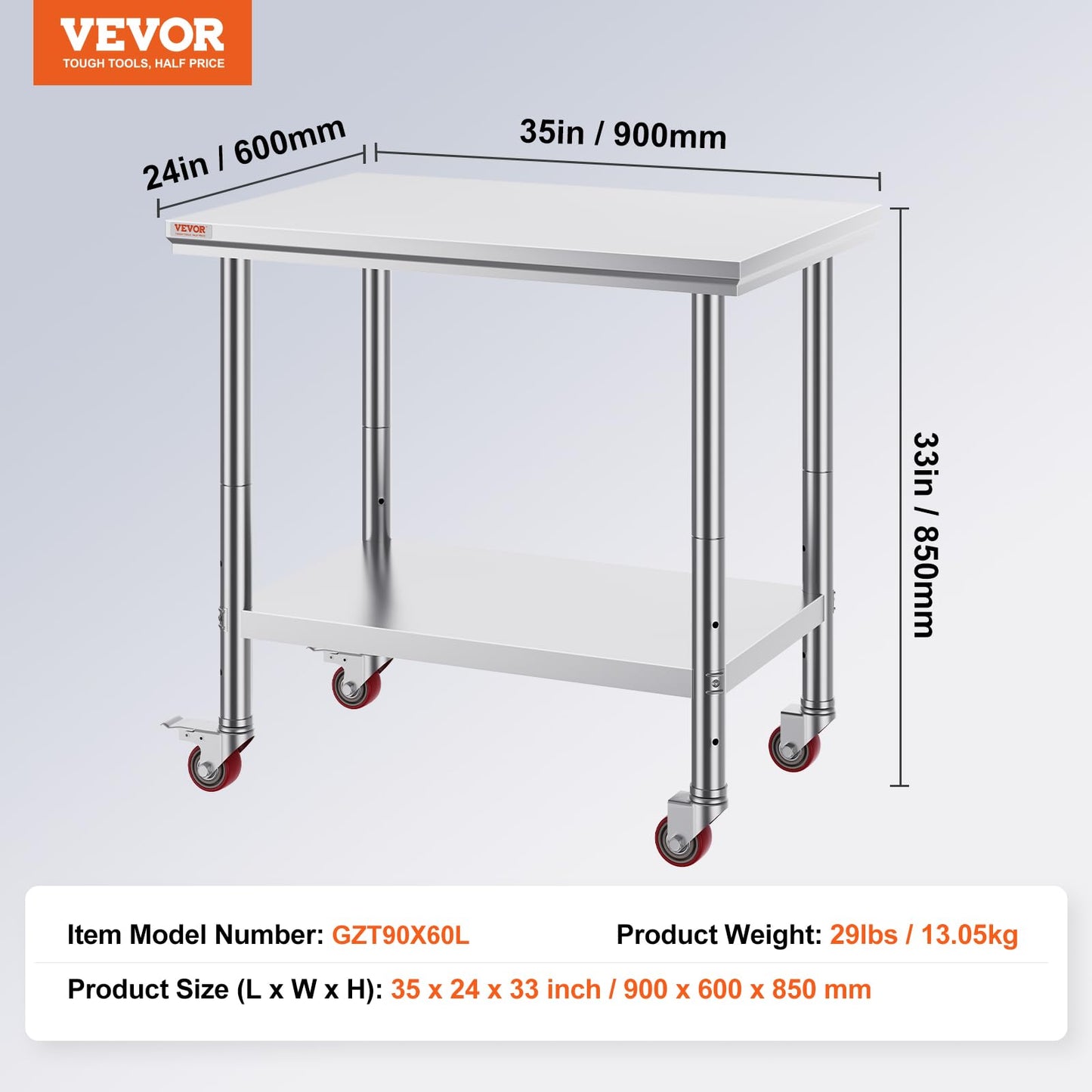 Vevor Mophorn Stainless Steel Work Table 36x24 Inch with 4 Wheels, Casters Heavy Duty Food Prep Worktable for Commercial Kitchen Restaurant, Silver