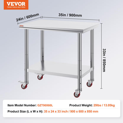 Vevor Mophorn Stainless Steel Work Table 36x24 Inch with 4 Wheels, Casters Heavy Duty Food Prep Worktable for Commercial Kitchen Restaurant, Silver