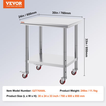 Mophorn Stainless Steel Work Table with Wheels 24 x 30 x 32 Inch Prep Table with 4 Casters Heavy Duty Work Table for Commercial Kitchen Restaurant Business, Silver and Black