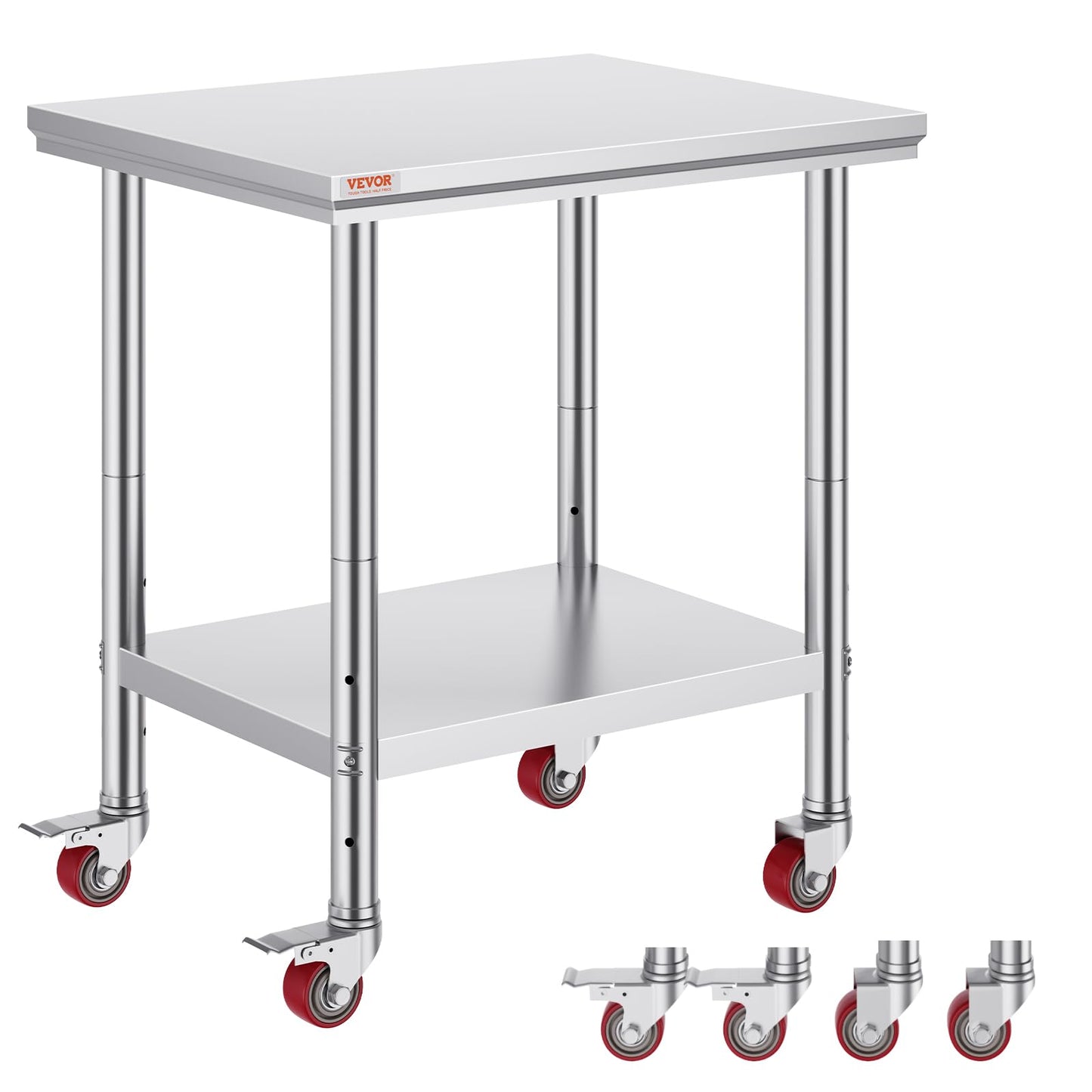 Mophorn Stainless Steel Work Table with Wheels 24 x 30 x 32 Inch Prep Table with 4 Casters Heavy Duty Work Table for Commercial Kitchen Restaurant Business, Silver and Black