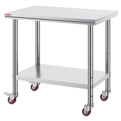 Vevor Mophorn Stainless Steel Work Table 36x24 Inch with 4 Wheels, Casters Heavy Duty Food Prep Worktable for Commercial Kitchen Restaurant, Silver