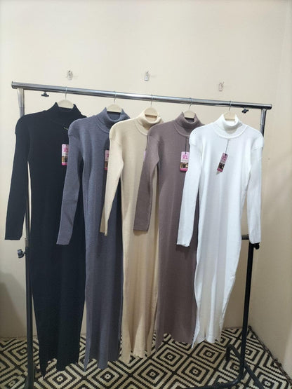 Miza Winter Knitted Long Dress High Neck, Multi Color, Elegant Long Basic One Size Stretch Dress for Girls and Women
