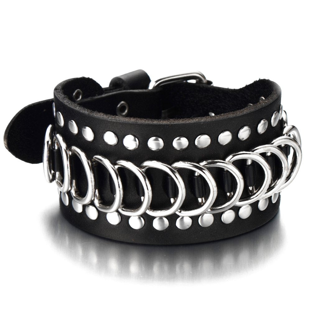 text  coolsteelandbeyond-gothic-punk-mens-wide-black-leather-bracelet-wristband-accented-with-chain-and-rivets