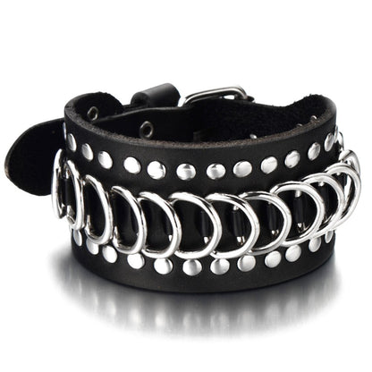 text  coolsteelandbeyond-gothic-punk-mens-wide-black-leather-bracelet-wristband-accented-with-chain-and-rivets