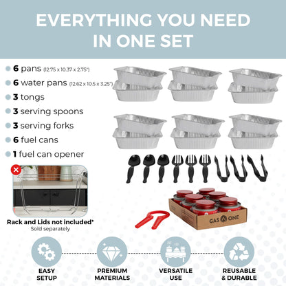 Alpha Living 6 Pack Refill Kit - Disposable Chafing Dish Buffet Set, Welded Body Food Warmers for Parties, Fuel Cans, Half Size Pans, Warming Trays