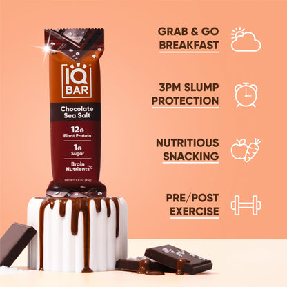IQBAR Brain and Body Plant Protein Bars - Chocolate Sea Salt - 12-Count - Keto, Vegan, Low Carb, High Fiber, Gluten Free, Dairy Free, Low Sugar Snack with Nutrients for Focus, Energy, Meal Replacement