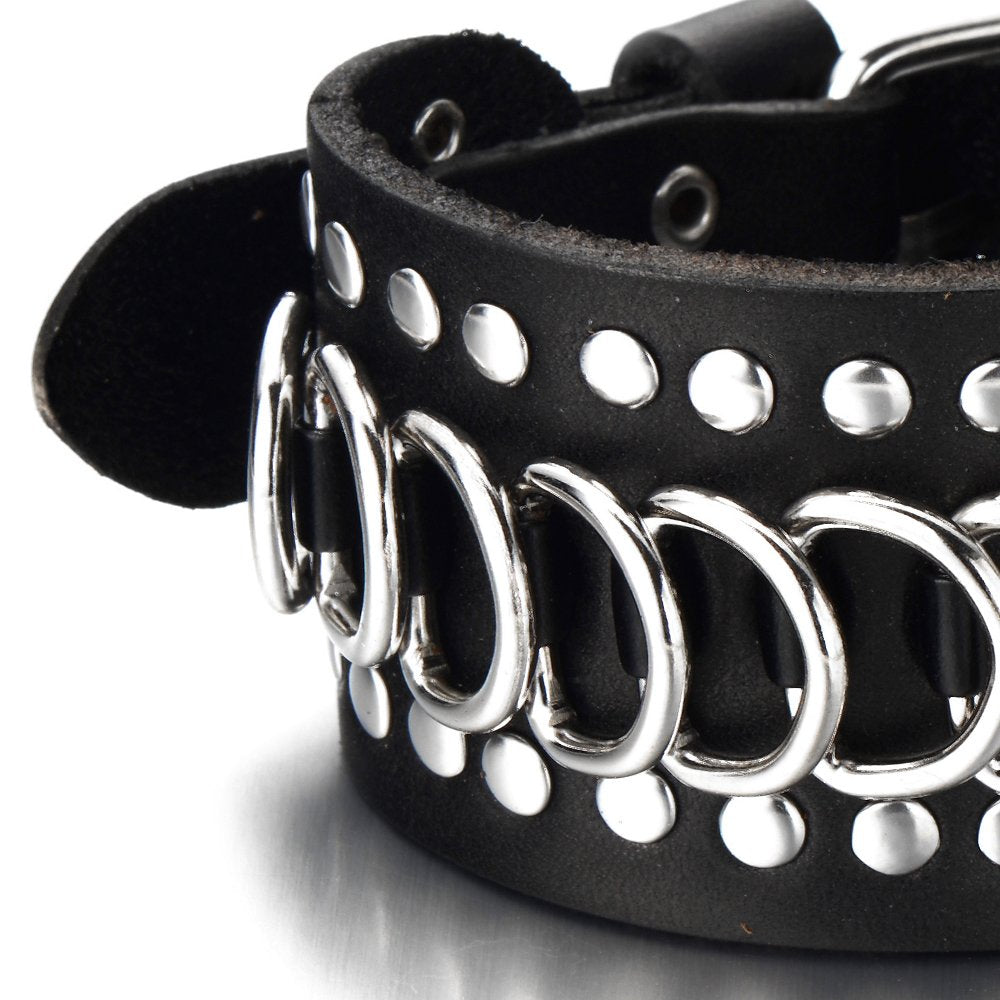 text  coolsteelandbeyond-gothic-punk-mens-wide-black-leather-bracelet-wristband-accented-with-chain-and-rivets