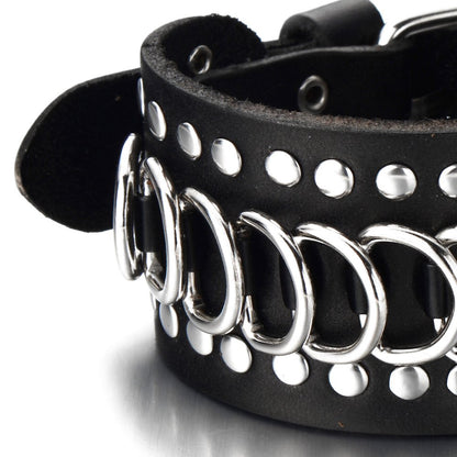 text  coolsteelandbeyond-gothic-punk-mens-wide-black-leather-bracelet-wristband-accented-with-chain-and-rivets