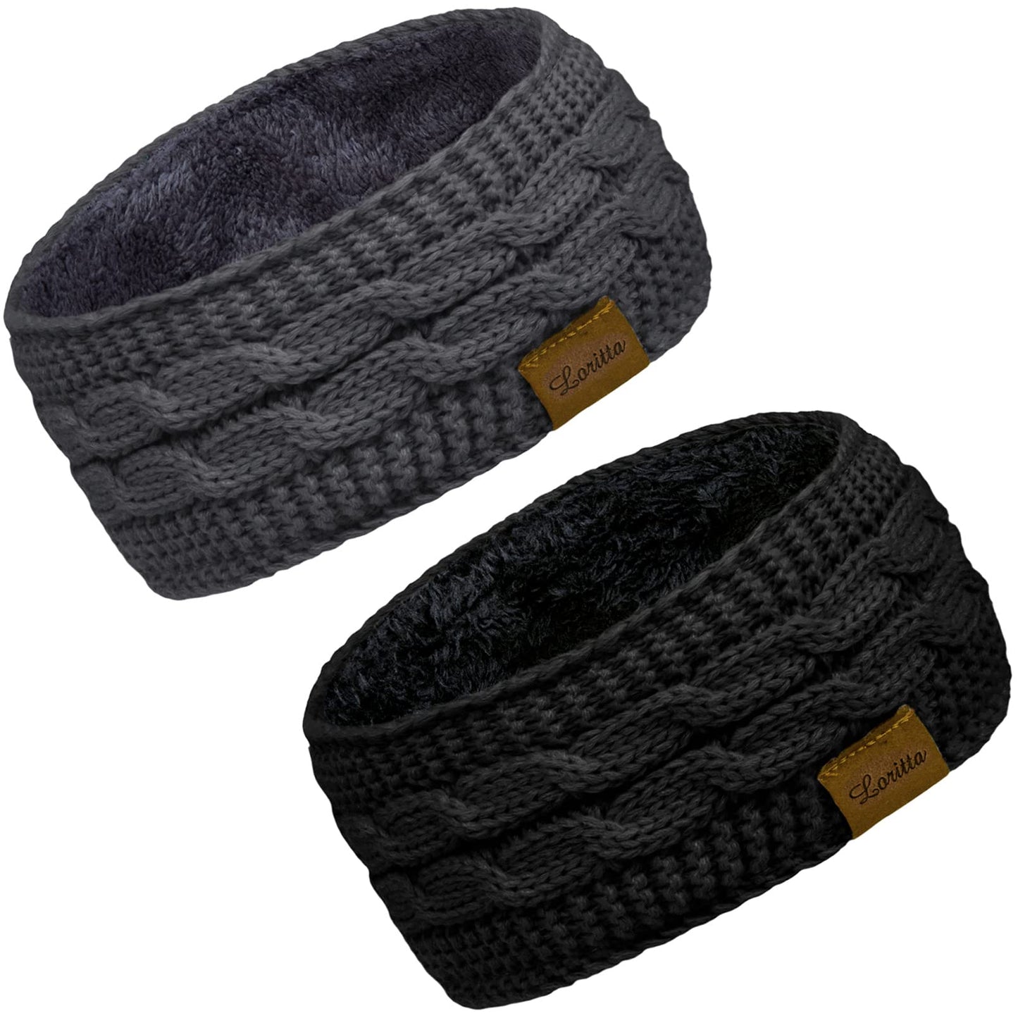 Loritta 2 Pack Headbands for Women Winter Warm Cable Knit Ear Warmer Thick Head Wrap Fuzzy Fleece Lined Gifts,Black+Grey