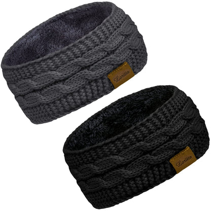 Loritta 2 Pack Headbands for Women Winter Warm Cable Knit Ear Warmer Thick Head Wrap Fuzzy Fleece Lined Gifts,Black+Grey