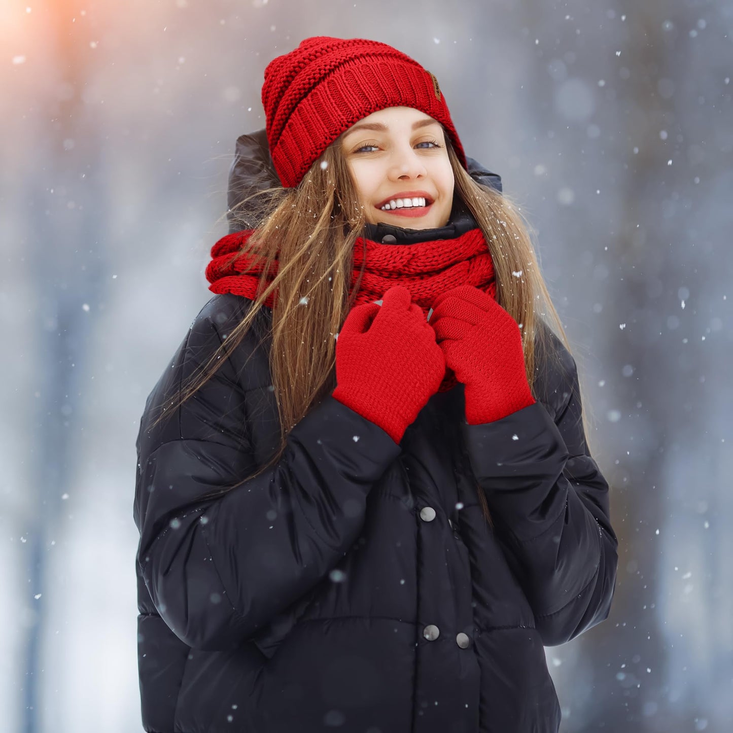 Aneco Winter Warm Sets Knitted Scarf Beanie Hat Touch Screen Gloves and Winter Ear Warmer for Men or Women