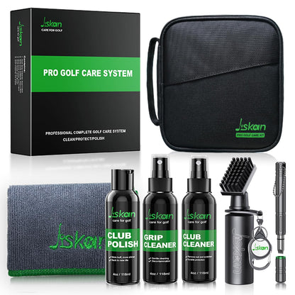 Jiskan Pro Golf Cleaning Kit with Golf Club Cleaner Brush, Grip Cleaner, Club Polish, Towel, Club Groove Sharpener Tool and Portable Case, Essentials Golf Accessories for Men Golf Gifts for Golfers