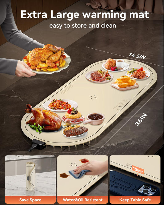 Warming Mat for Food Extra Large, 36"x15" Food Warming Mat with Heat Insulation Pad, Silicone Heating Mat for Food, Rollable & Portable, Food Warmers for Parties Buffet,Gatherings,Everyday Use
