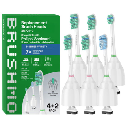 Brushmo e-Series Variety Replacement Toothbrush Heads, Compatible with Philips Sonicare Screw-on Toothbrush Handles, 6 Variety Heads (Standard, Compact & Sensitive), Dupont Bristles, BM724+2, White