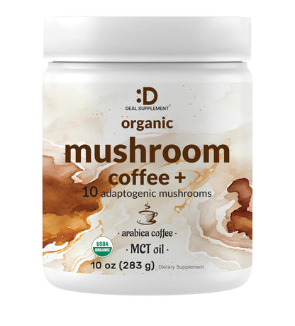 Organic Mushroom Coffee, 10oz – 10 Adaptogenic Mushrooms with Arabica Coffee + MCT Oil for Smooth Flavor – Turkey Tail, Lions Mane, Cordyceps, Chaga, Reishi – Immune, Energy,& Brain Support Supplement