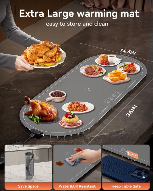 Warming Mat for Food Extra Large, 36"x15" Food Warming Mat with Heat Insulation Pad, Silicone Heating Mat for Food, Rollable & Portable, Food Warmers for Parties Buffet,Gatherings,Everyday Use