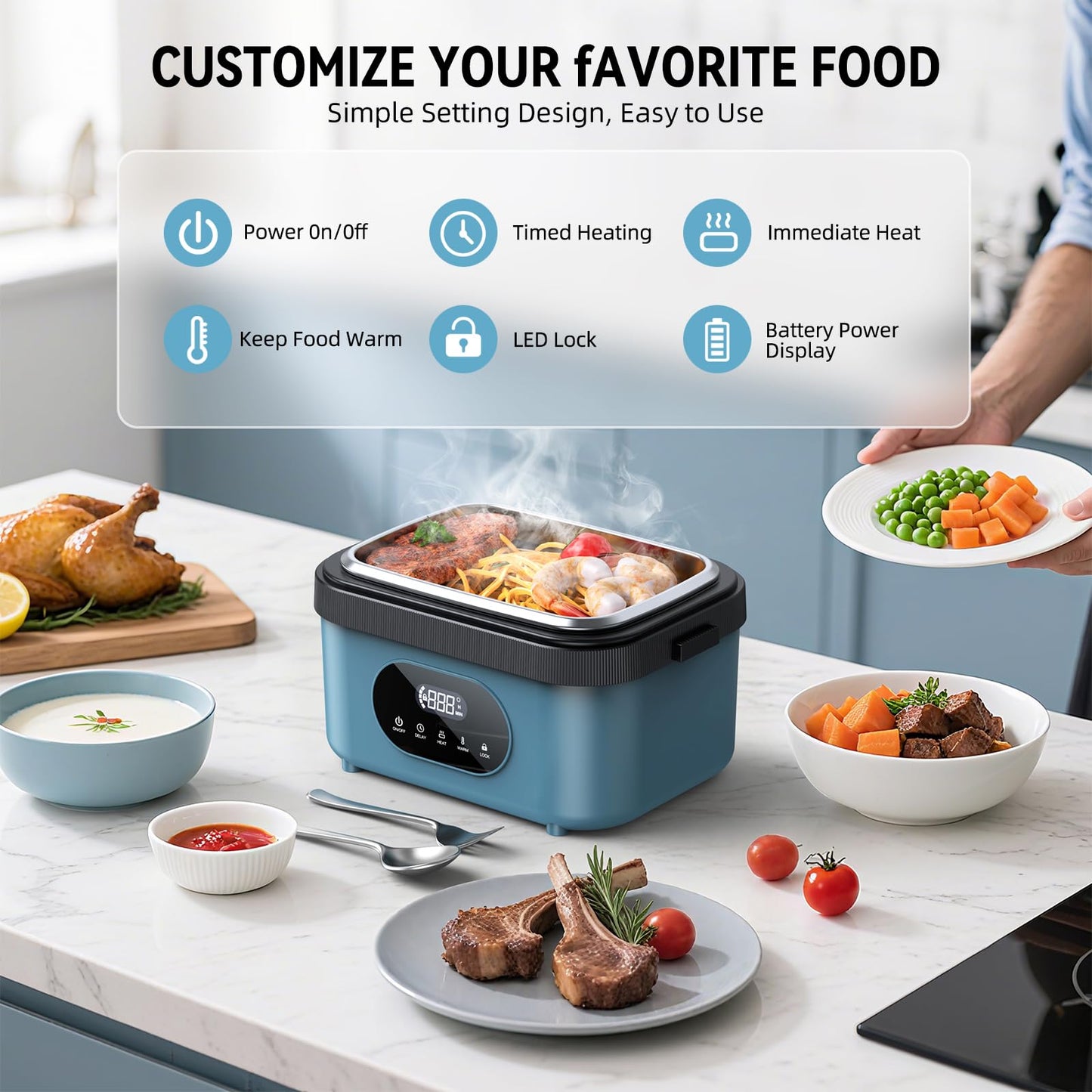 SEVENMEET Cordless Electric Lunch Box for Adults, 18000mAh Rechargeable Portable Self-Heating Lunch Box Food Warmer, 1.5L(6 Cups) Container for Outdoor, Work, Office, Camping, Travel（Blue＆Black）