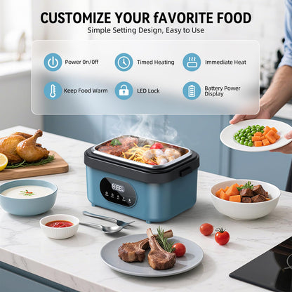 SEVENMEET Cordless Electric Lunch Box for Adults, 18000mAh Rechargeable Portable Self-Heating Lunch Box Food Warmer, 1.5L(6 Cups) Container for Outdoor, Work, Office, Camping, Travel（Blue＆Black）