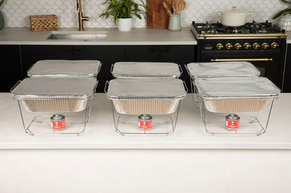 Alpha Living 6 Pack - Disposable Chafing Dish Buffet Set, Half Size Pans, Welded Body Food Warmers for Parties, Fuel Cans Complete Set, Warming Trays