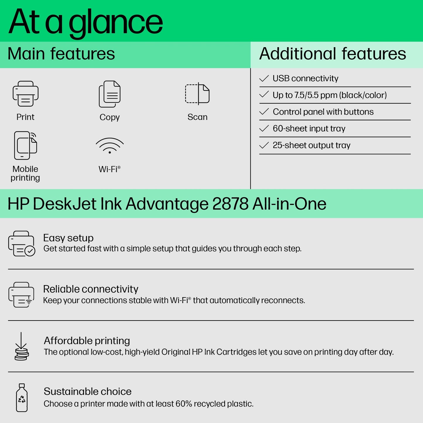 HP Ink Advantage 2878 WiFi Colour Printer - Print/Scan/Copy Ideal for Home, White