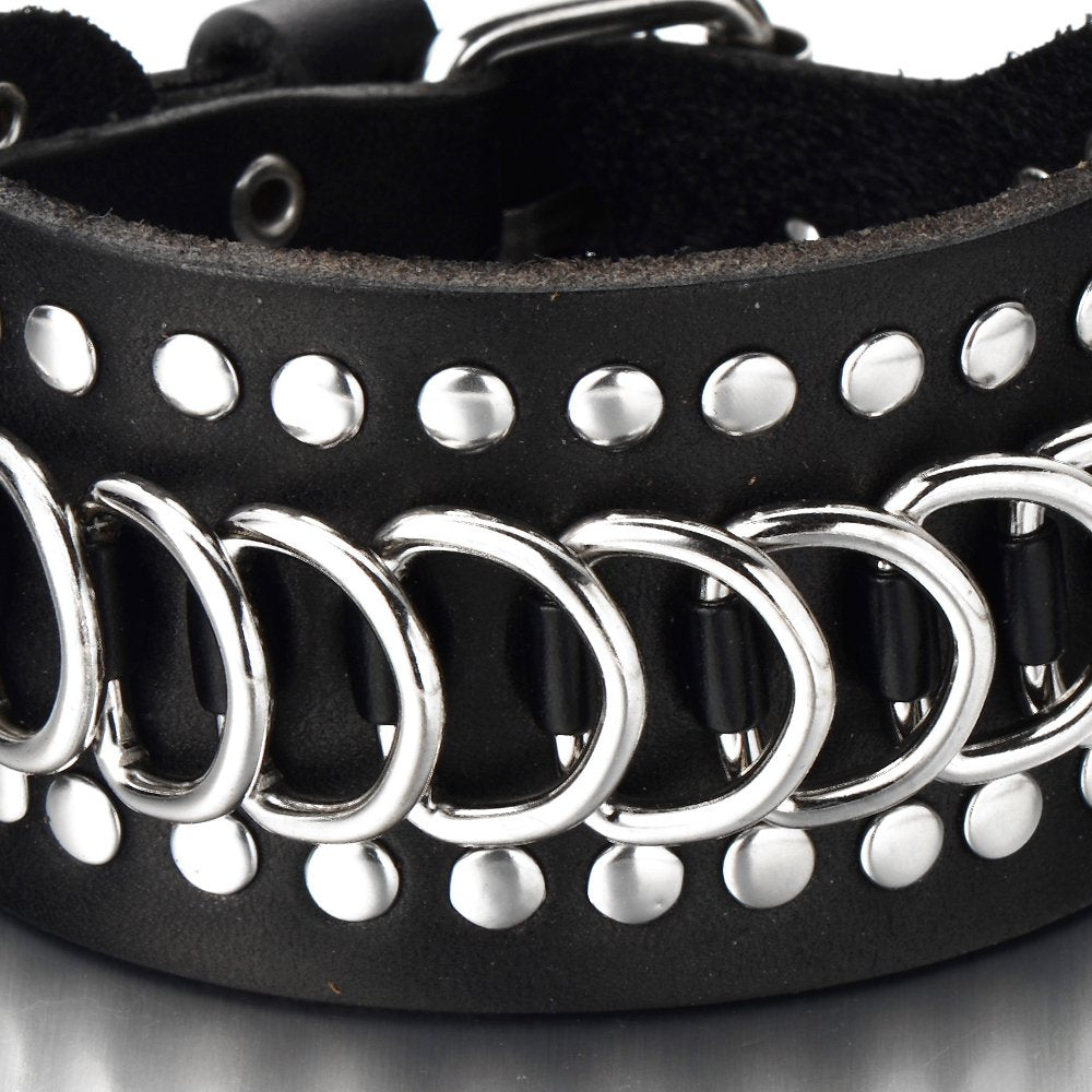 text  coolsteelandbeyond-gothic-punk-mens-wide-black-leather-bracelet-wristband-accented-with-chain-and-rivets