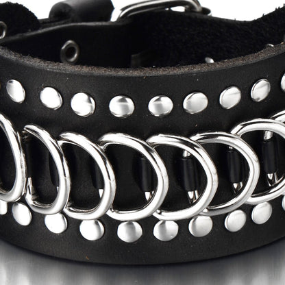 text  coolsteelandbeyond-gothic-punk-mens-wide-black-leather-bracelet-wristband-accented-with-chain-and-rivets
