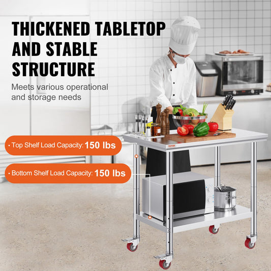 Vevor Mophorn Stainless Steel Work Table 36x24 Inch with 4 Wheels, Casters Heavy Duty Food Prep Worktable for Commercial Kitchen Restaurant, Silver