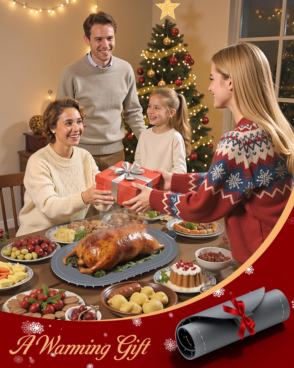 Warming Mat for Food with Heat-Resistant Pad(24"x15"),Electric Heating Pad for Food,Roll Up Silicone Warmer Mat for Party Buffet,Christmas House Warming Gift for Home Hosting Daily Use(Gray)