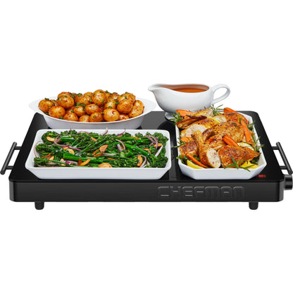 text  chefman-electric-warming-tray-with-adjustable-temperature-control-perfect-for-buffets-restaurants-parties-events-and-home-dinners-large-21-x-16-glass-top-surface-keeps-food-hot-black