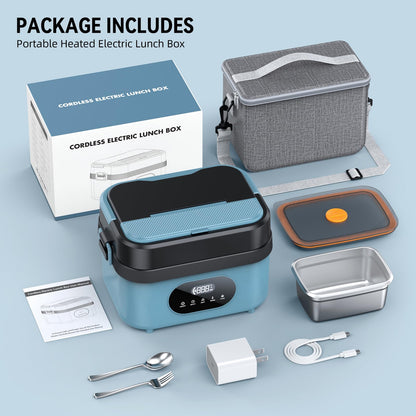 SEVENMEET Cordless Electric Lunch Box for Adults, 18000mAh Rechargeable Portable Self-Heating Lunch Box Food Warmer, 1.5L(6 Cups) Container for Outdoor, Work, Office, Camping, Travel（Blue＆Black）
