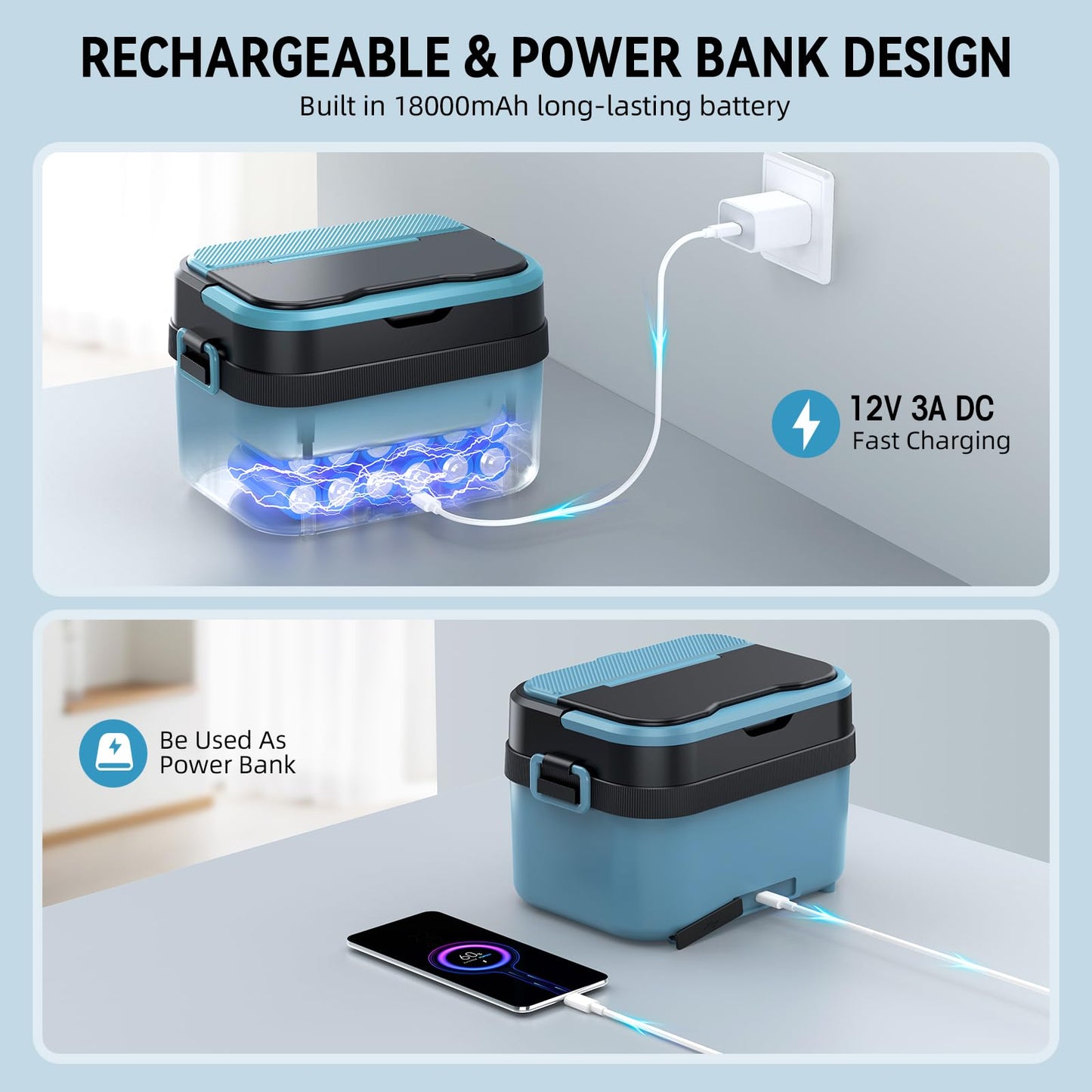 SEVENMEET Cordless Electric Lunch Box for Adults, 18000mAh Rechargeable Portable Self-Heating Lunch Box Food Warmer, 1.5L(6 Cups) Container for Outdoor, Work, Office, Camping, Travel（Blue＆Black）