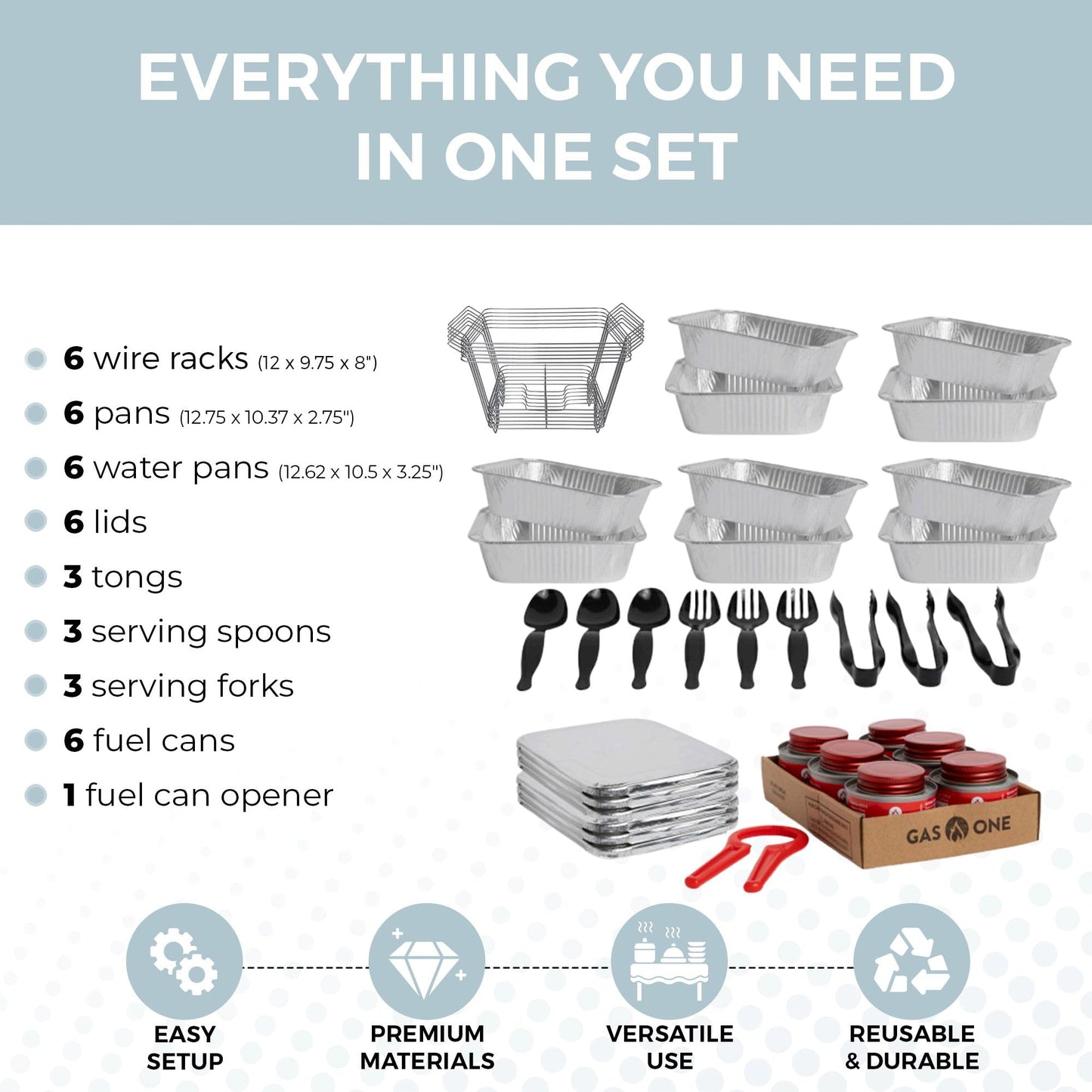 Alpha Living 6 Pack - Disposable Chafing Dish Buffet Set, Half Size Pans, Welded Body Food Warmers for Parties, Fuel Cans Complete Set, Warming Trays