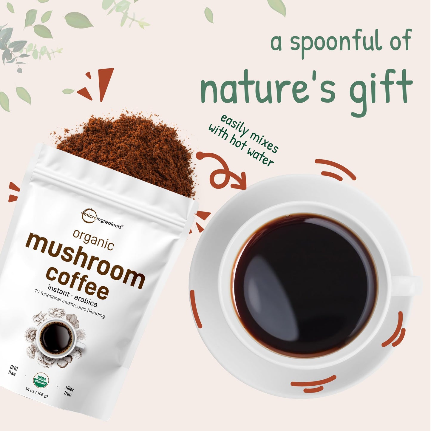 Organic Instant 10 in 1 Mushroom Coffee Powder, 14 Ounce (158 Servings) | Weight & Immune Support | Premium Arabica Coffee with Lion’s Mane, Chaga, Reishi,& More