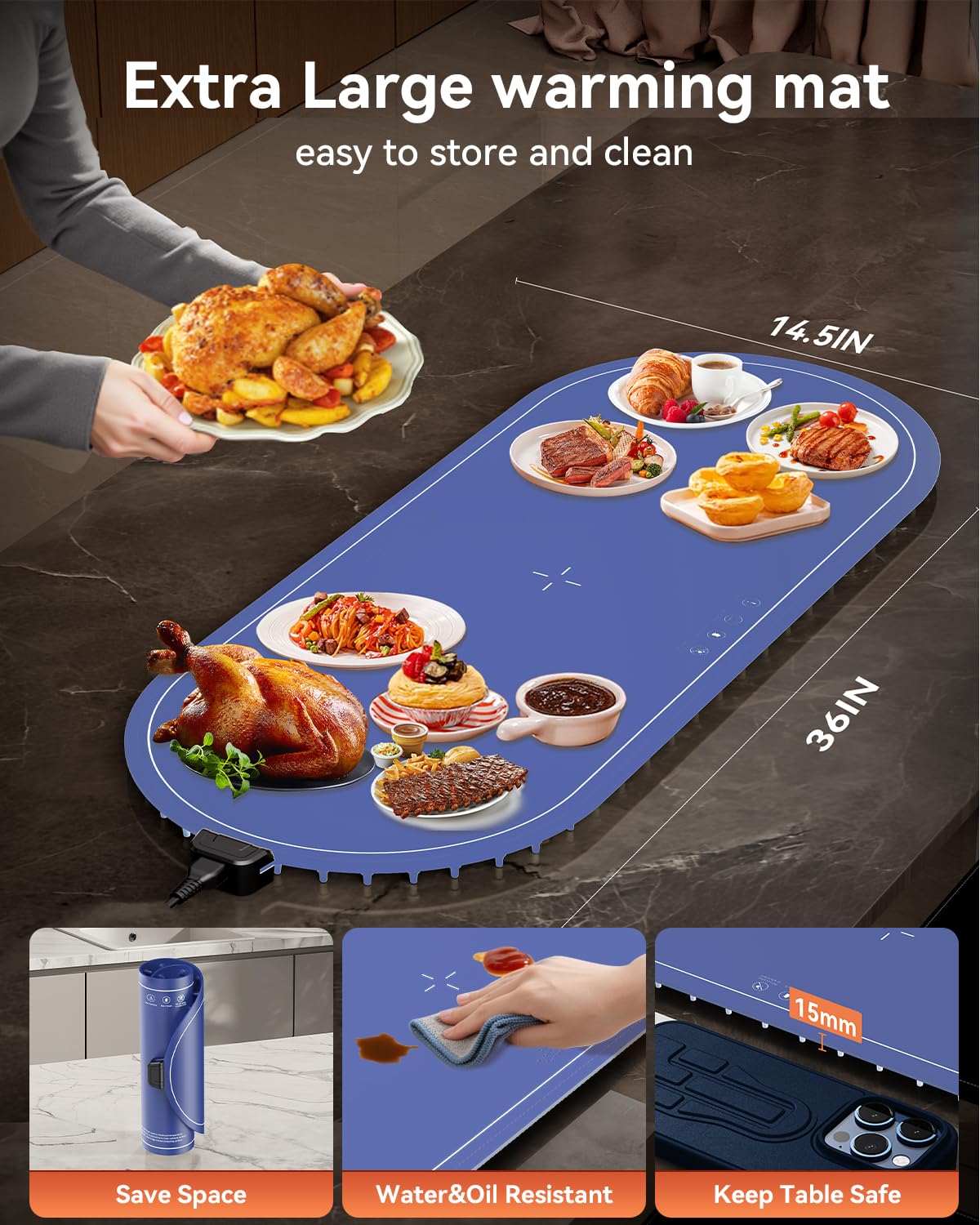 Warming Mat for Food Extra Large, 36"x15" Food Warming Mat with Heat Insulation Pad, Silicone Heating Mat for Food, Rollable & Portable, Food Warmers for Parties Buffet,Gatherings,Everyday Use