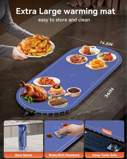 Warming Mat for Food Extra Large, 36"x15" Food Warming Mat with Heat Insulation Pad, Silicone Heating Mat for Food, Rollable & Portable, Food Warmers for Parties Buffet,Gatherings,Everyday Use