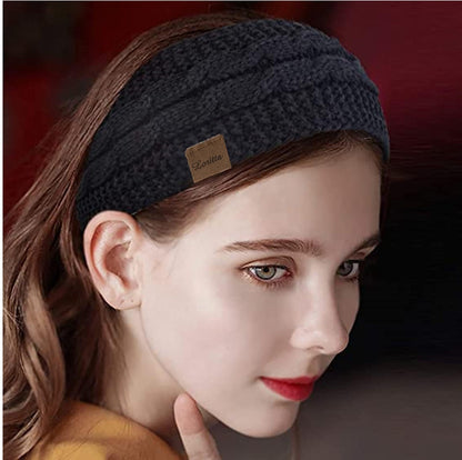 Loritta 2 Pack Headbands for Women Winter Warm Cable Knit Ear Warmer Thick Head Wrap Fuzzy Fleece Lined Gifts,Black+Grey