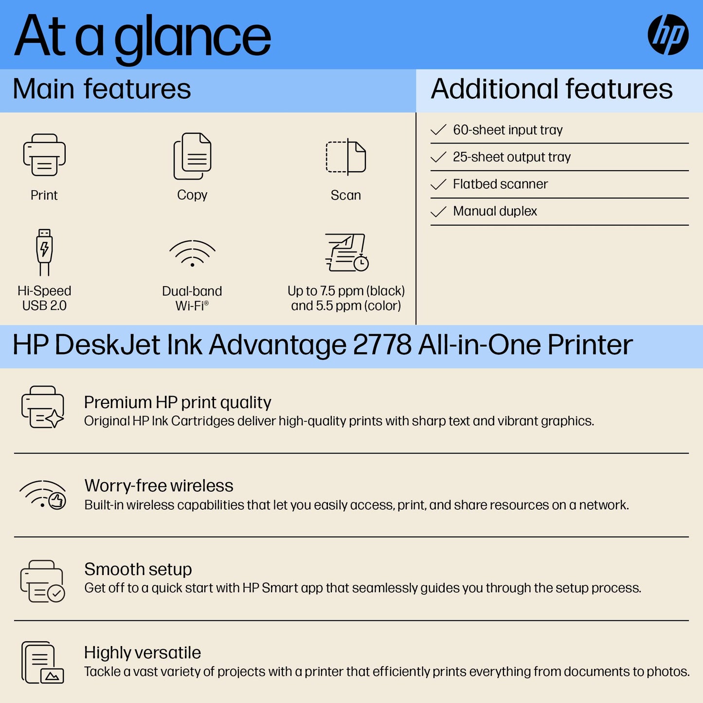 HP Ink Advantage 2878 WiFi Colour Printer - Print/Scan/Copy Ideal for Home, White