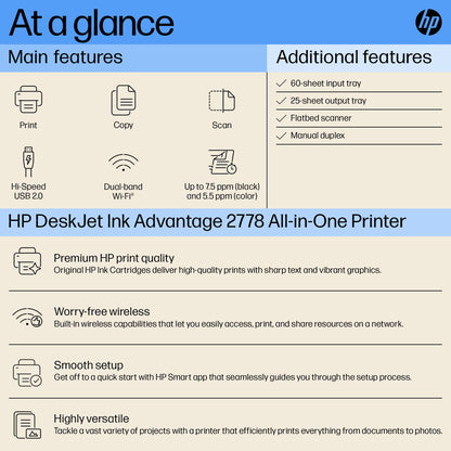 HP Ink Advantage 2878 WiFi Colour Printer - Print/Scan/Copy Ideal for Home, White
