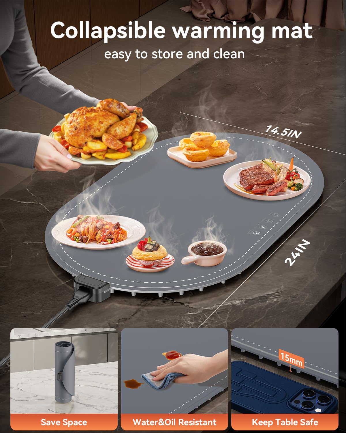 Warming Mat for Food with Heat-Resistant Pad(24"x15"),Electric Heating Pad for Food,Roll Up Silicone Warmer Mat for Party Buffet,Christmas House Warming Gift for Home Hosting Daily Use(Gray)