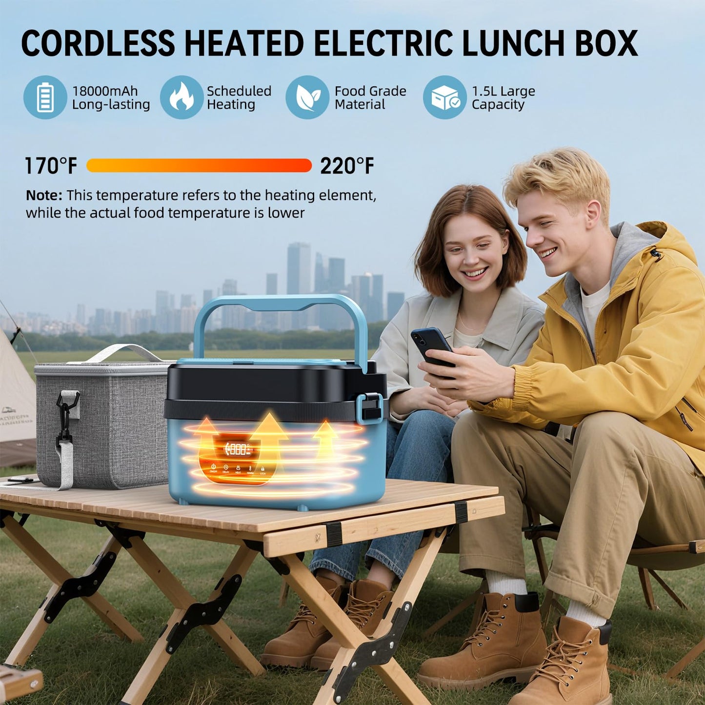 SEVENMEET Cordless Electric Lunch Box for Adults, 18000mAh Rechargeable Portable Self-Heating Lunch Box Food Warmer, 1.5L(6 Cups) Container for Outdoor, Work, Office, Camping, Travel（Blue＆Black）