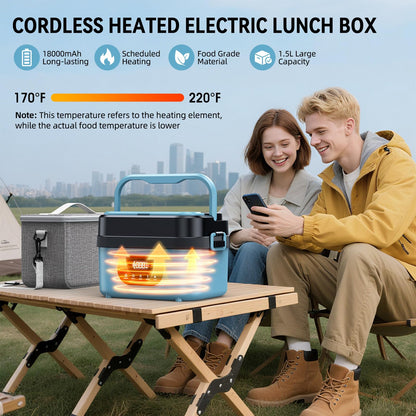 SEVENMEET Cordless Electric Lunch Box for Adults, 18000mAh Rechargeable Portable Self-Heating Lunch Box Food Warmer, 1.5L(6 Cups) Container for Outdoor, Work, Office, Camping, Travel（Blue＆Black）