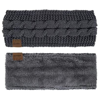 Loritta 2 Pack Headbands for Women Winter Warm Cable Knit Ear Warmer Thick Head Wrap Fuzzy Fleece Lined Gifts,Black+Grey