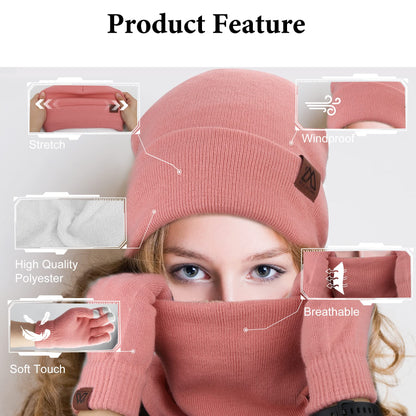 Winter Hat Scarf and Gloves Set for Women Knit Fleece Lined Warm Beanie Touch Screen Gloves Neck Warmer 3-Piece Sets for Unisex Adult 2025 Cold Weather Gifts