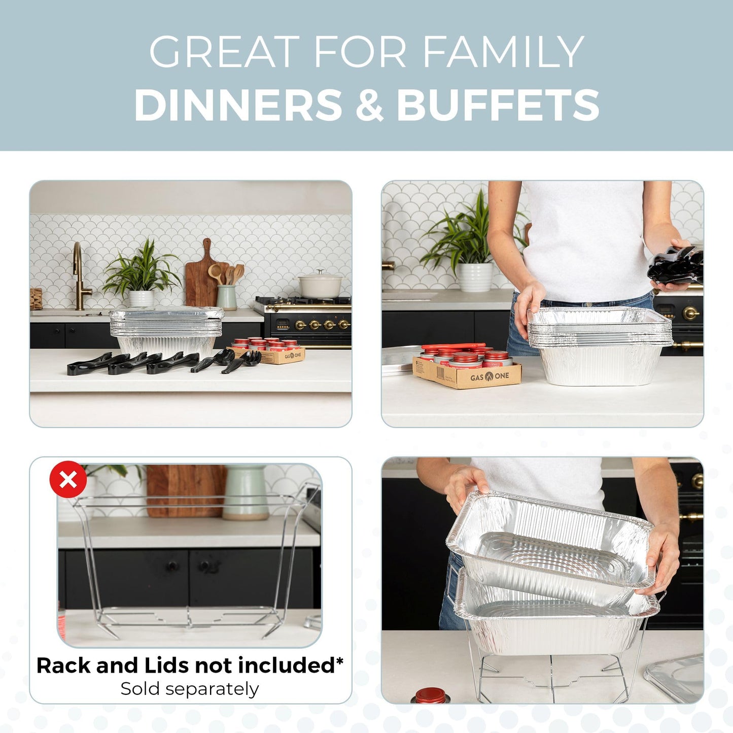 Alpha Living 6 Pack Refill Kit - Disposable Chafing Dish Buffet Set, Welded Body Food Warmers for Parties, Fuel Cans, Half Size Pans, Warming Trays