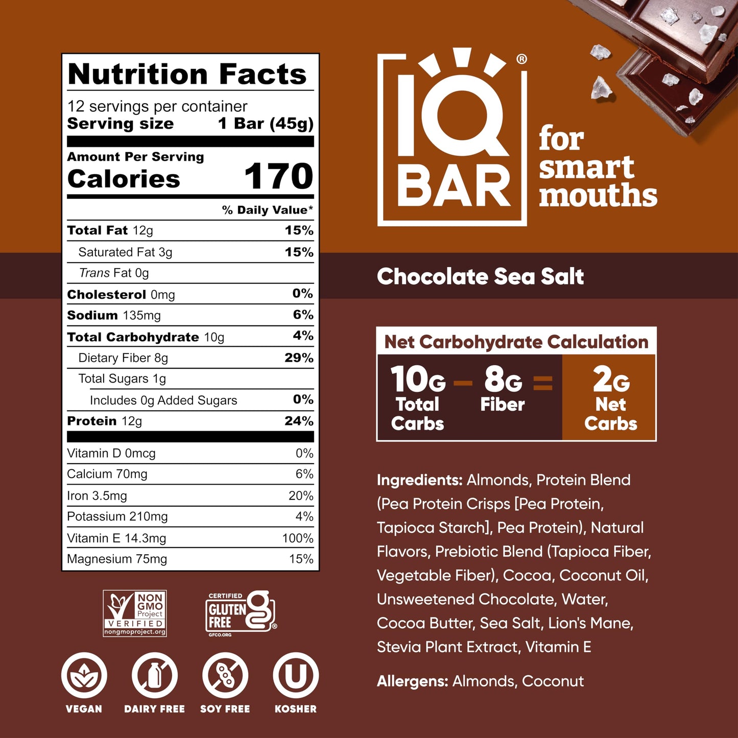 IQBAR Brain and Body Plant Protein Bars - Chocolate Sea Salt - 12-Count - Keto, Vegan, Low Carb, High Fiber, Gluten Free, Dairy Free, Low Sugar Snack with Nutrients for Focus, Energy, Meal Replacement