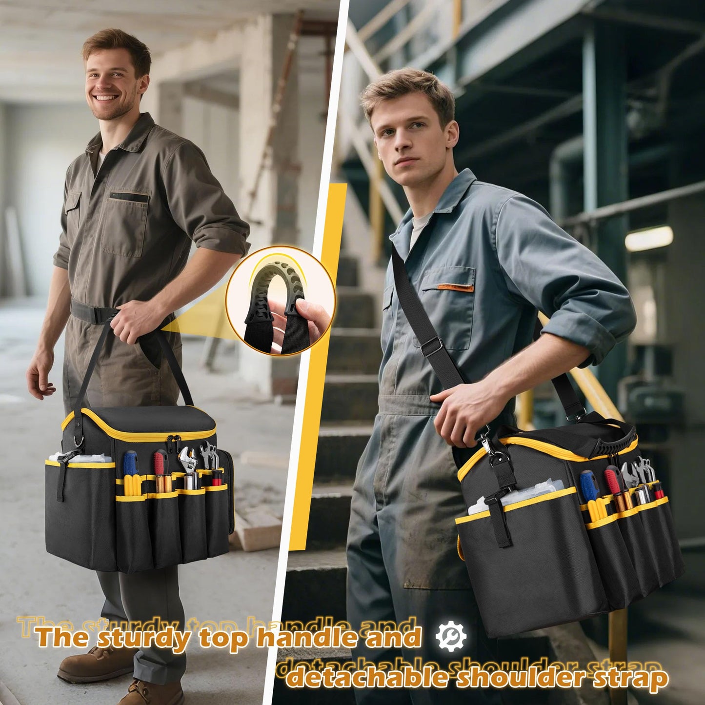 Marscamd Tool Bag with a Detachable Divider, Tool Tote with Multiple Pockets, Black