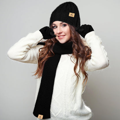 Winter Beanie Hat Scarf Gloves, Warm Fleece Knit Hat Long Scarf Neck Warmer Touch Screen Winter Gloves Set Gifts for Women Black