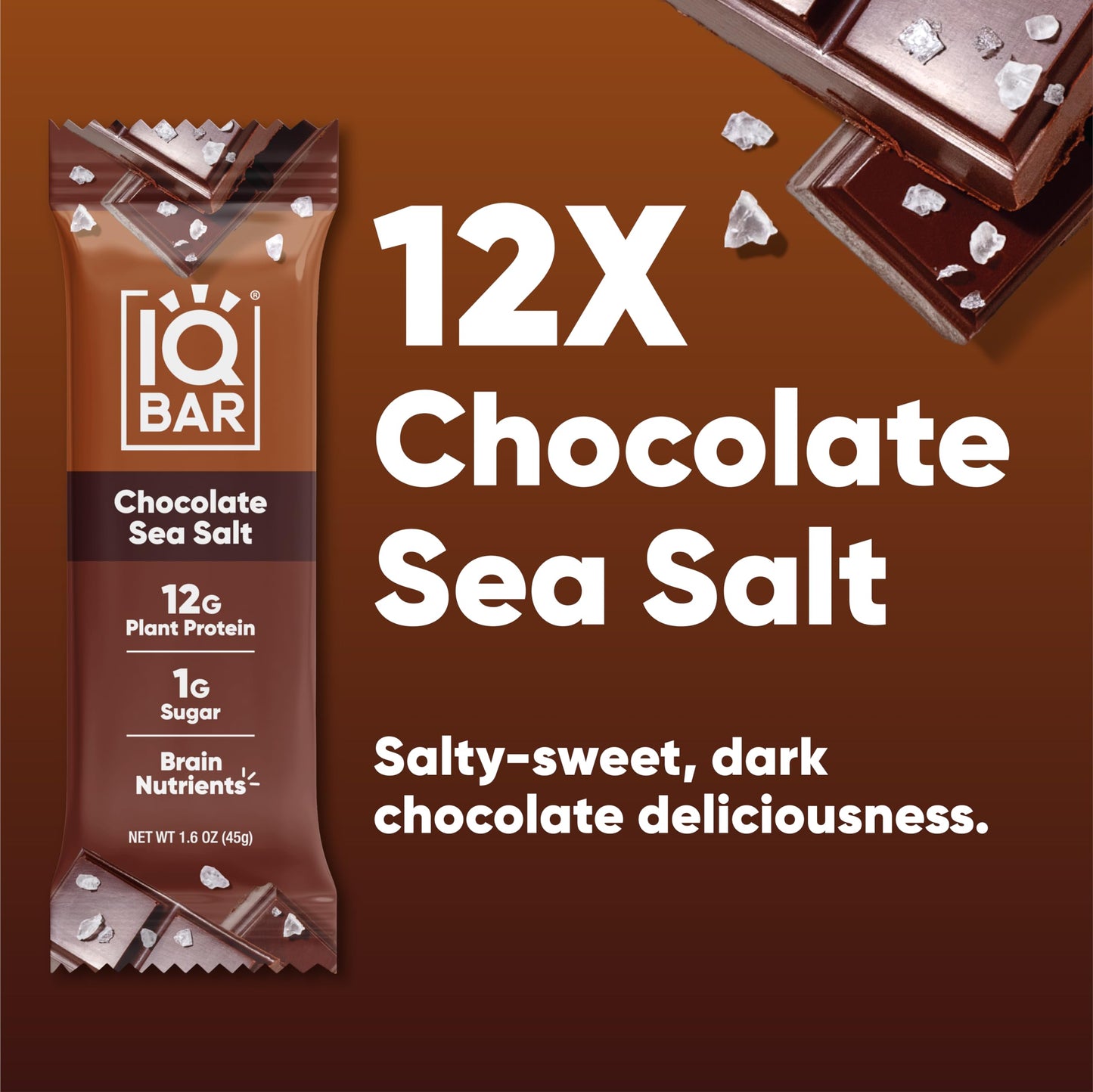 IQBAR Brain and Body Plant Protein Bars - Chocolate Sea Salt - 12-Count - Keto, Vegan, Low Carb, High Fiber, Gluten Free, Dairy Free, Low Sugar Snack with Nutrients for Focus, Energy, Meal Replacement