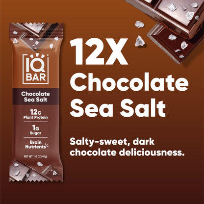 IQBAR Brain and Body Plant Protein Bars - Chocolate Sea Salt - 12-Count - Keto, Vegan, Low Carb, High Fiber, Gluten Free, Dairy Free, Low Sugar Snack with Nutrients for Focus, Energy, Meal Replacement